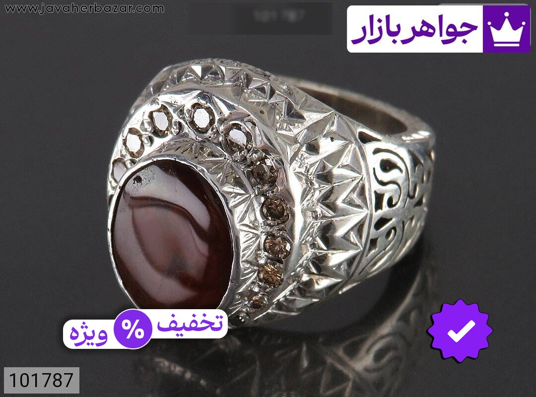 انگشتر نقره عقیق یمنی قرمز مردانه دست ساز با برلیان اصل