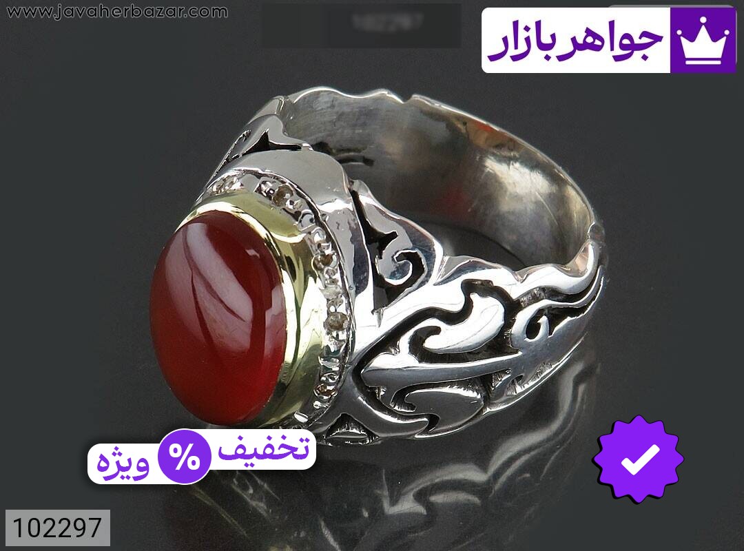انگشتر نقره عقیق یمنی قرمز شیک مردانه دست ساز با برلیان اصل
