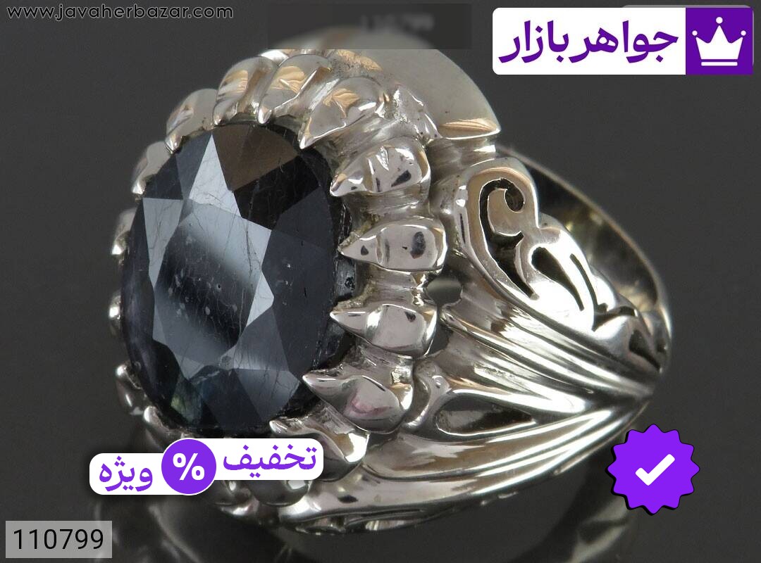 انگشتر نقره یاقوت آفریقایی کبود الماس تراش مردانه دست ساز