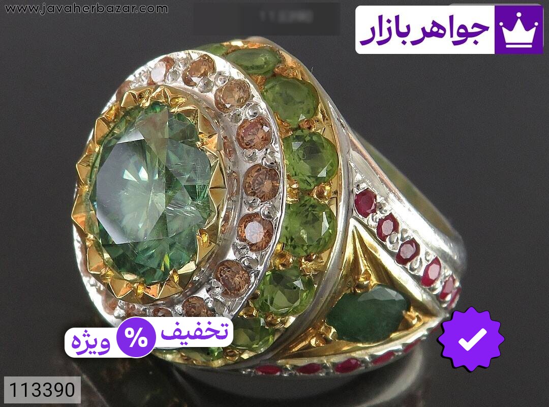 انگشتر نقره زمرد و موزانایت کلکسیونی کم نظیر مردانه دست ساز