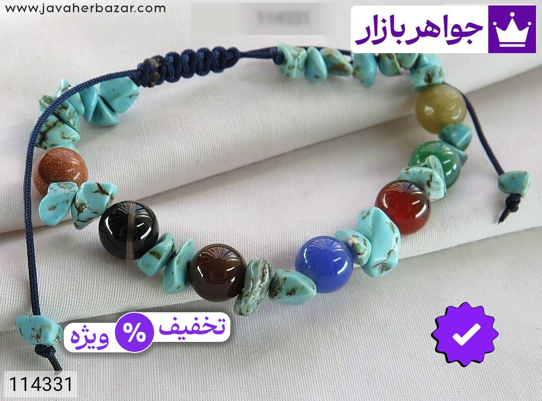 دستبند سنگی فیروزه سنتاتیک و عقیق و دلربا