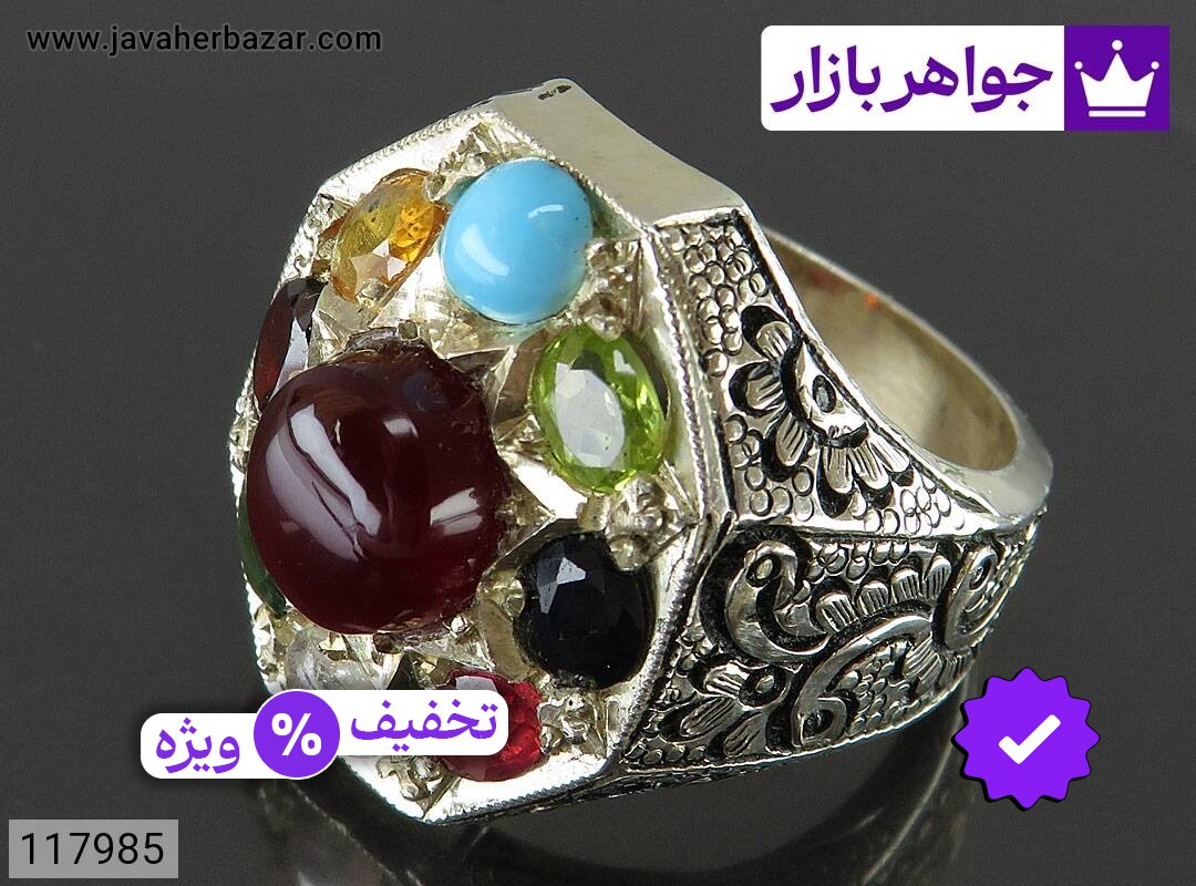 انگشتر نقره چند نگین 9 جواهر لوکس مردانه دست ساز