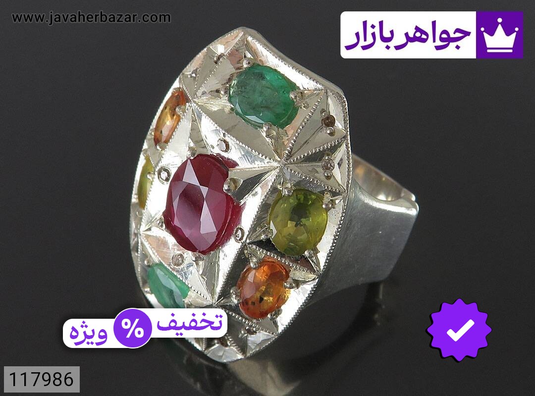 انگشتر نقره یاقوت و زمرد زامبیا بی نظیر شاهانه مردانه دست ساز با برلیان اصل