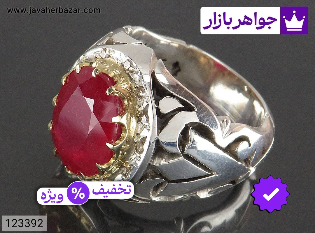 انگشتر نقره یاقوت آفریقایی قرمز شاهانه مردانه دست ساز با برلیان اصل