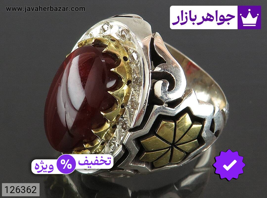 انگشتر نقره عقیق یمنی بی نظیر شاهانه مردانه دست ساز تاج برنجی با برلیان اصل