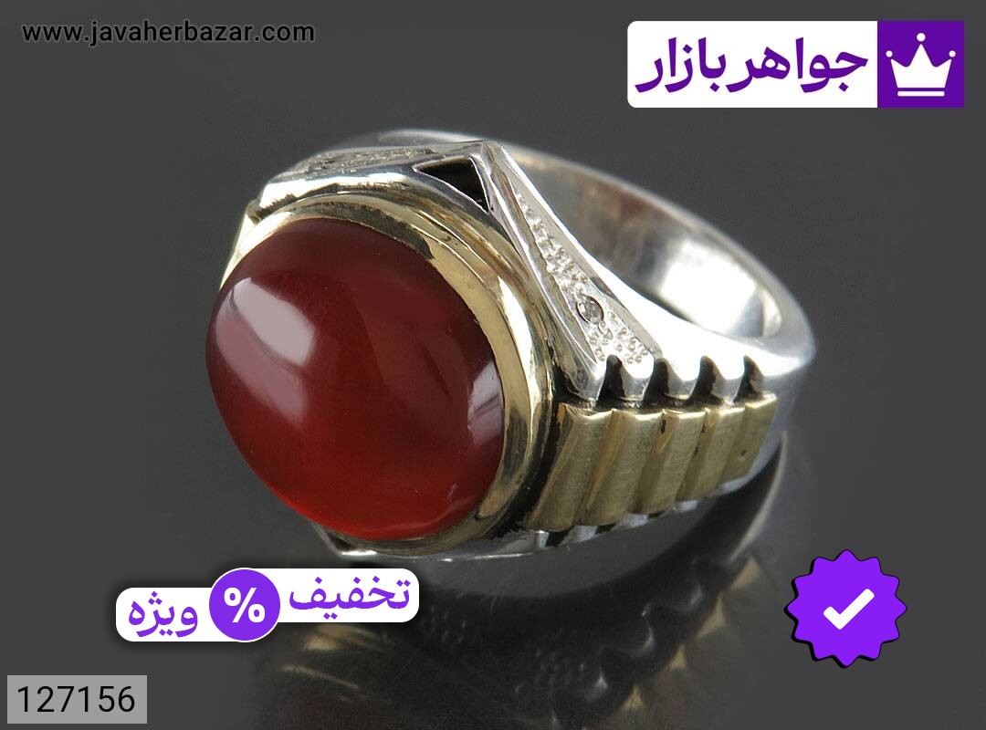 انگشتر نقره عقیق یمنی قرمز رکاب رولکسی مردانه تاج برنجی