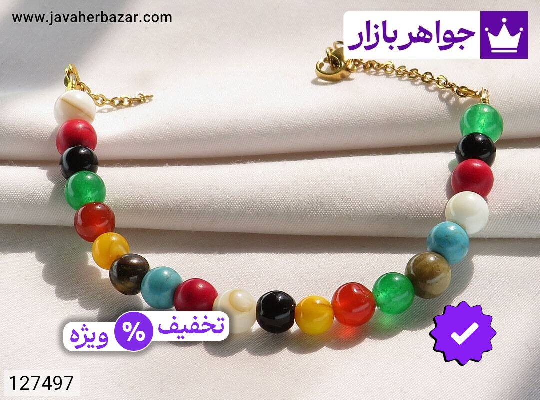 دستبند سنگی فیروزه سنتاتیک و عقیق و مرجان و چشم ببر زنانه