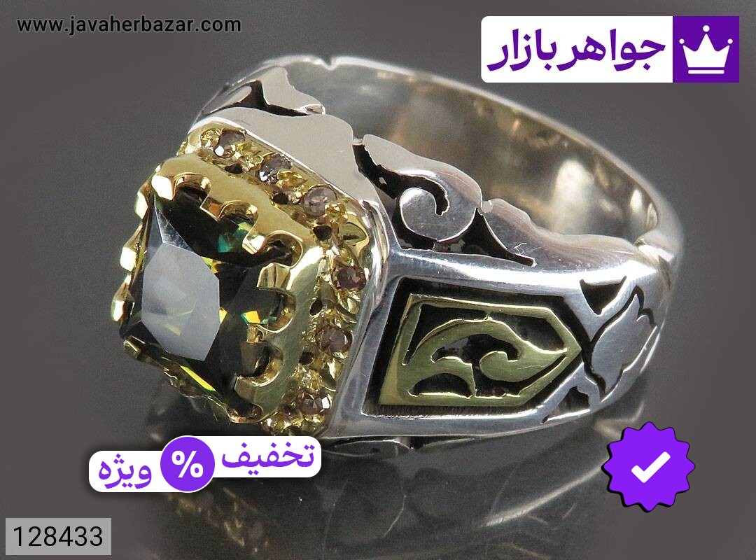 انگشتر نقره موزانایت ارزشمند مردانه دست ساز تاج برنجی با برلیان اصل