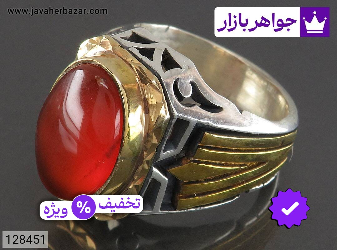 انگشتر نقره عقیق یمنی قرمز طرح سلطان مردانه دست ساز تاج برنجی