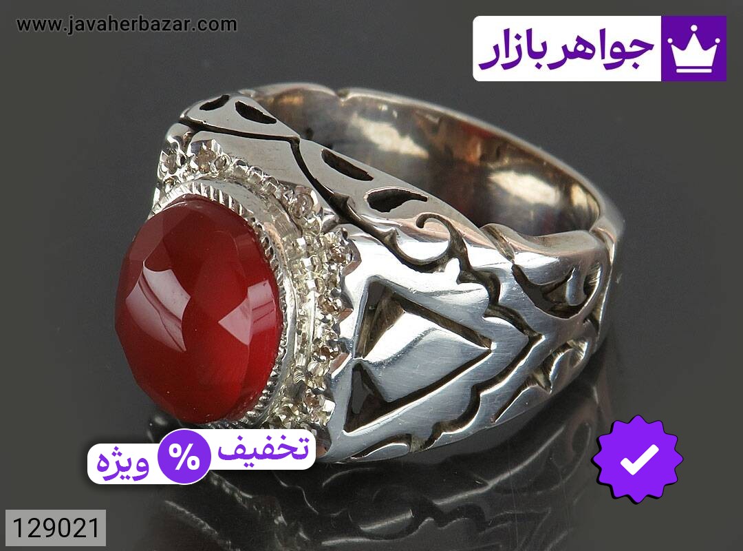 انگشتر نقره عقیق یمنی قرمز شیک مردانه دست ساز با برلیان اصل