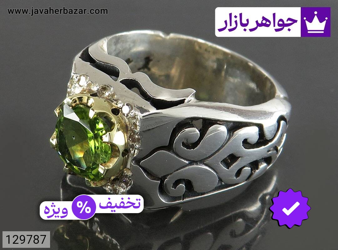 انگشتر نقره زبرجد لوکس مردانه دست ساز تاج برنجی با برلیان اصل
