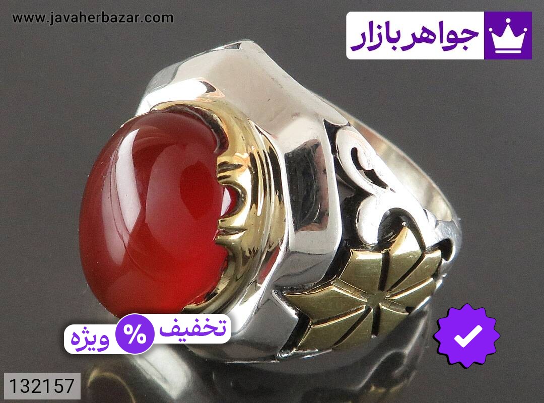 انگشتر نقره عقیق یمنی قرمز لوکس مردانه دست ساز تاج برنجی