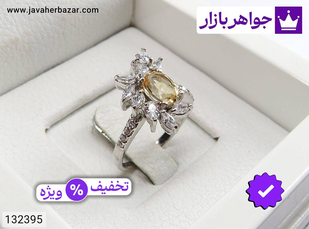 انگشتر سیترین زنانه انگشتر نقره سیترین طرح آفتاب زنانه