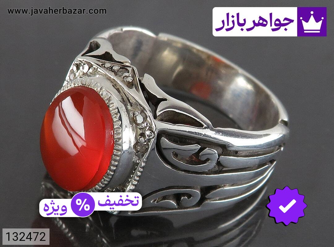 انگشتر نقره عقیق یمنی قرمز بی نظیر مردانه دست ساز با برلیان اصل