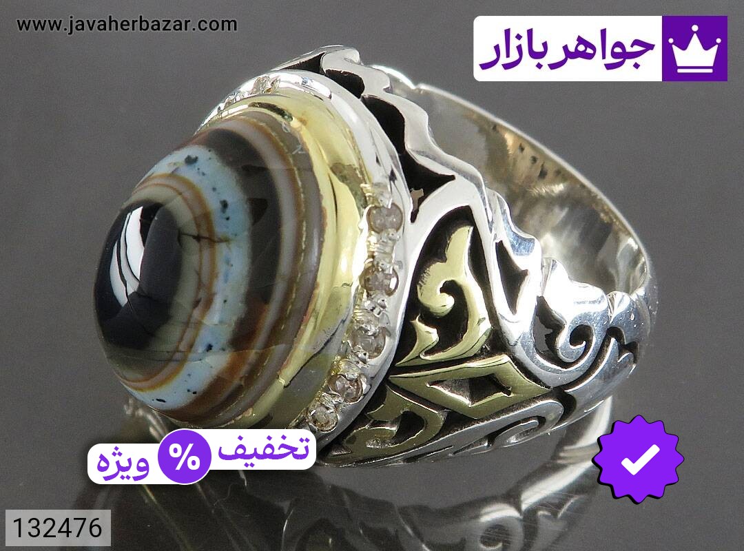 انگشتر عقیق یمنی سیاه مردانه انگشتر نقره عقیق یمنی سیاه باباقوری دامله بی نظیر مردانه دست ساز تاج برنجی با برلیان اصل