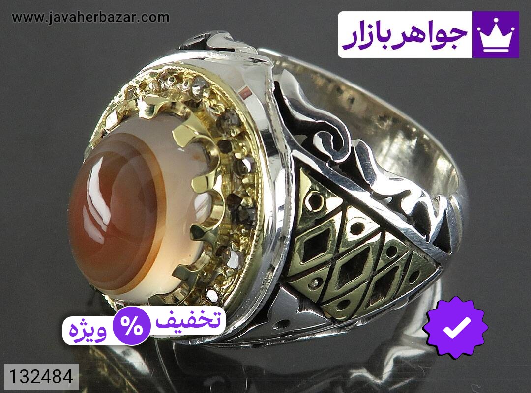 انگشتر نقره عقیق یمنی باباقوری بی نظیر مردانه دست ساز تاج برنجی با برلیان اصل