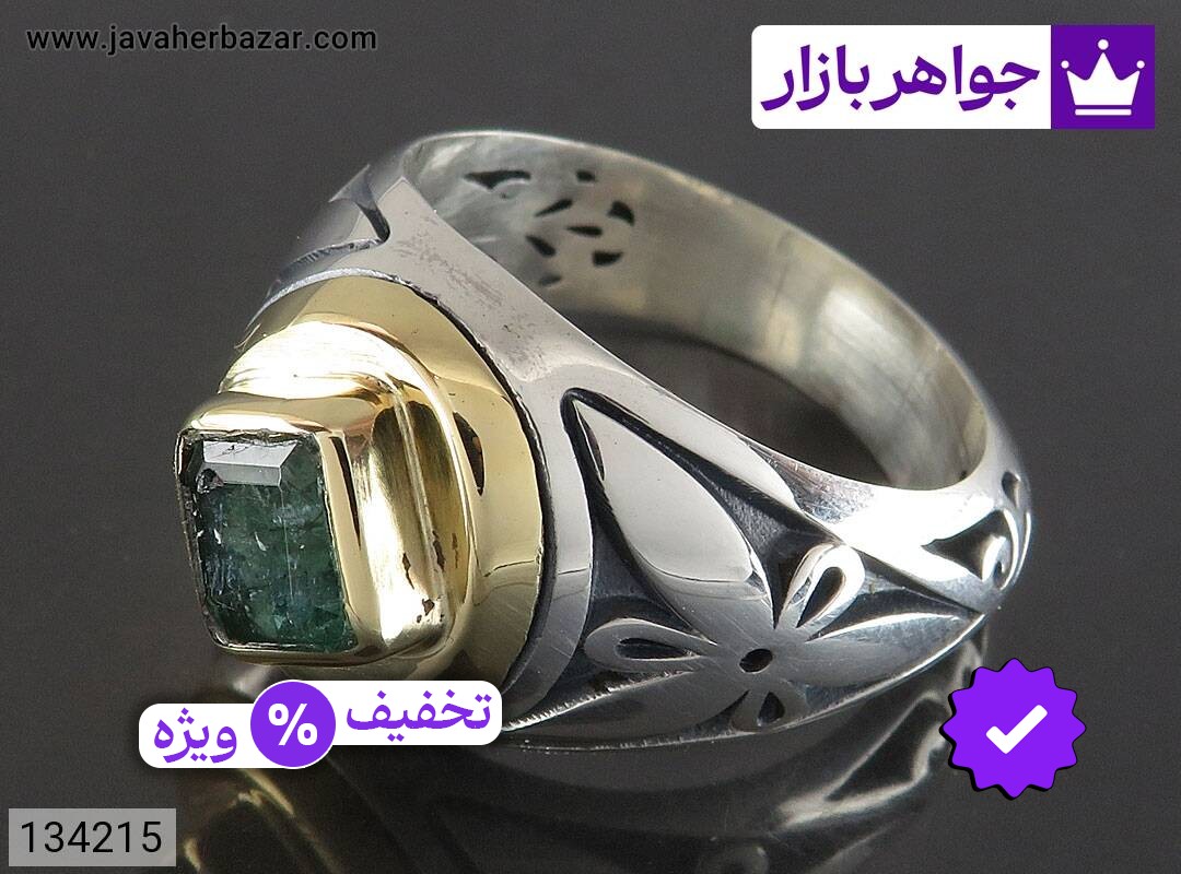 انگشتر نقره زمرد زامبیا خوش طرح مردانه دست ساز تاج برنجی