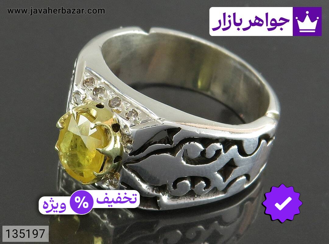 انگشتر نقره یاقوت آفریقایی زرد الماس تراش مردانه دست ساز تاج برنجی با برلیان اصل