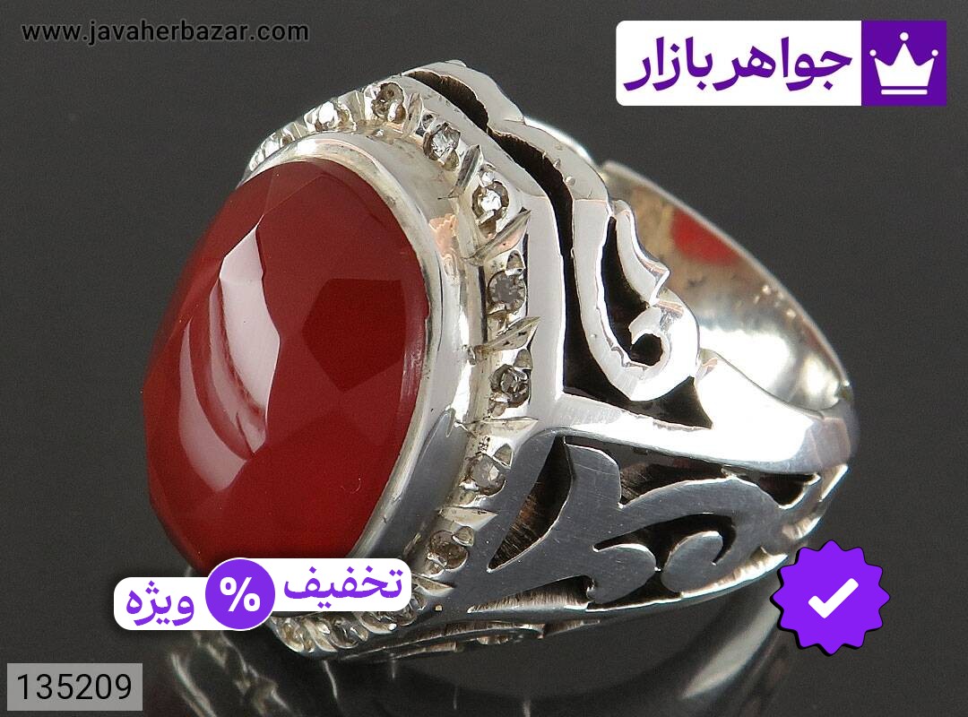 انگشتر نقره عقیق یمنی قرمز الماس تراش لوکس مردانه دست ساز با برلیان اصل