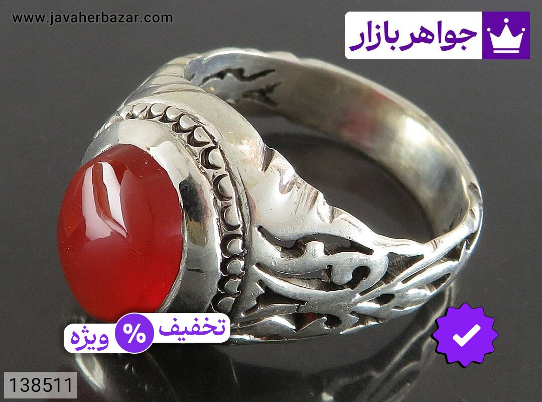 انگشتر نقره عقیق یمنی قرمز شبکه کاری لوکس مردانه دست ساز