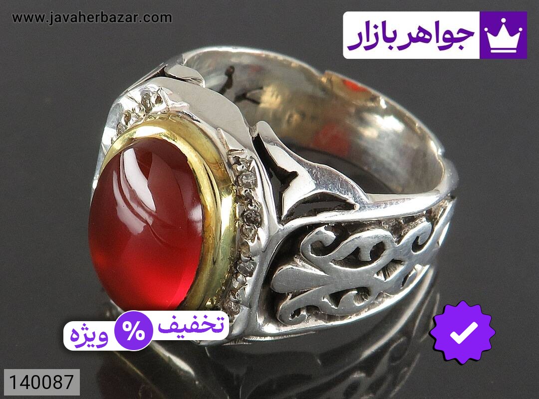 انگشتر نقره عقیق یمنی قرمز لوکس مردانه دست ساز تاج برنجی با برلیان اصل