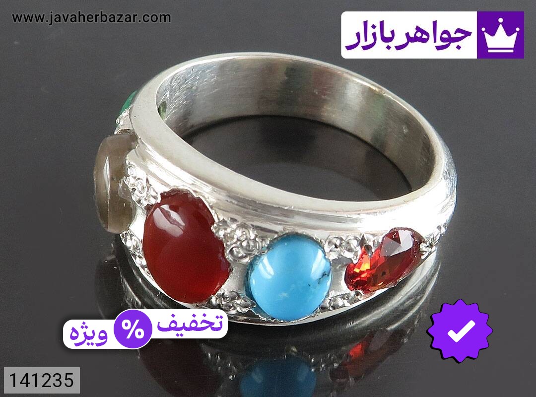 انگشتر نقره فیروزه نیشابوری و عقیق و زمرد و در نجف 5 جواهری زیبا مردانه