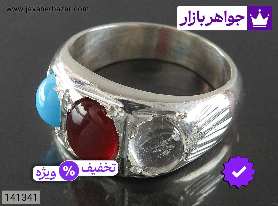 انگشتر نقره فیروزه نیشابوری و عقیق یمنی و در نجف مردانه