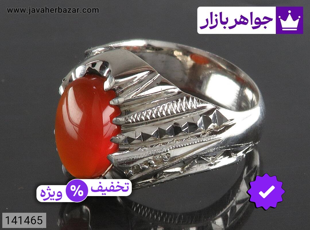 انگشتر نقره عقیق یمنی قرمز دور چنگ مردانه دست ساز با برلیان اصل
