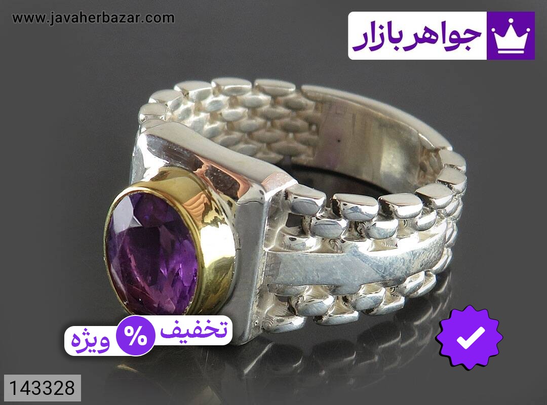 انگشتر آمتیست مردانه انگشتر نقره آمتیست رکاب رولکسی مردانه تاج برنجی