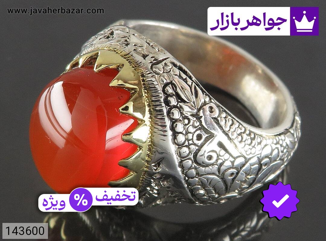 انگشتر نقره عقیق یمنی نارنجی فاخر مردانه دست ساز تاج برنجی