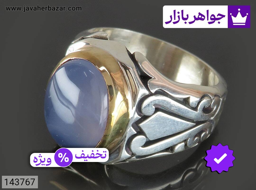انگشتر نقره عقیق یمنی کبود مردانه دست ساز تاج برنجی