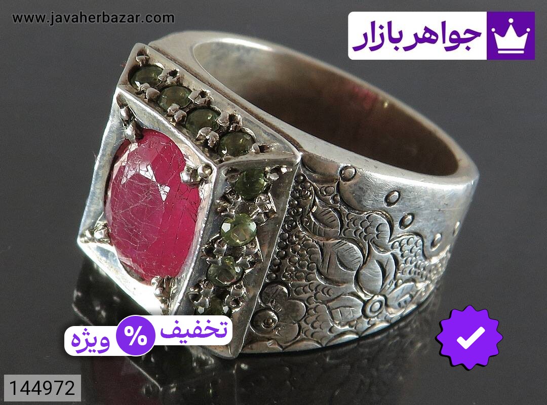 انگشتر نقره یاقوت قرمز مخراج زبرجد لوکس مردانه دست ساز