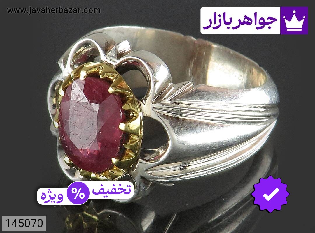 انگشتر نقره یاقوت قرمز شیک مردانه دست ساز تاج برنجی
