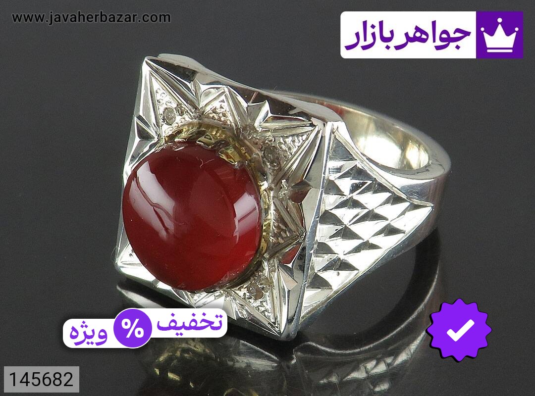 انگشتر نقره عقیق یمنی قرمز بی نظیر مردانه دست ساز تاج برنجی با برلیان اصل