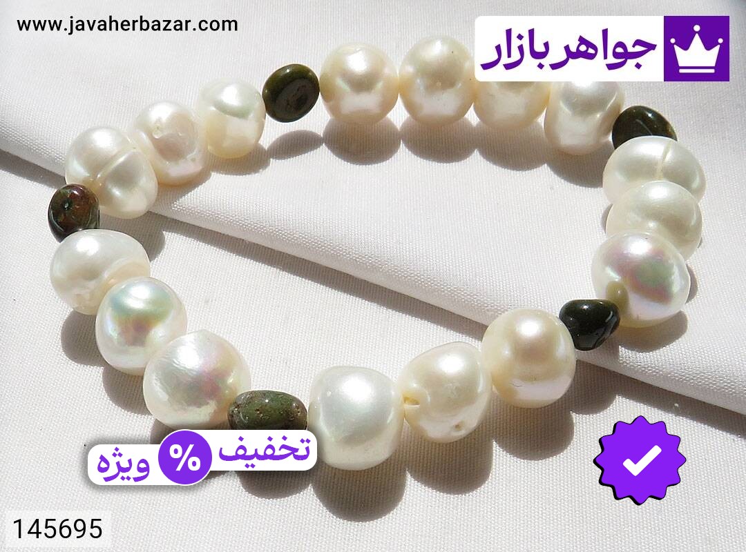 دستبند سنگی مروارید و جاسپر زنانه دستبند سنگی مروارید و جاسپر طرح نگار زنانه
