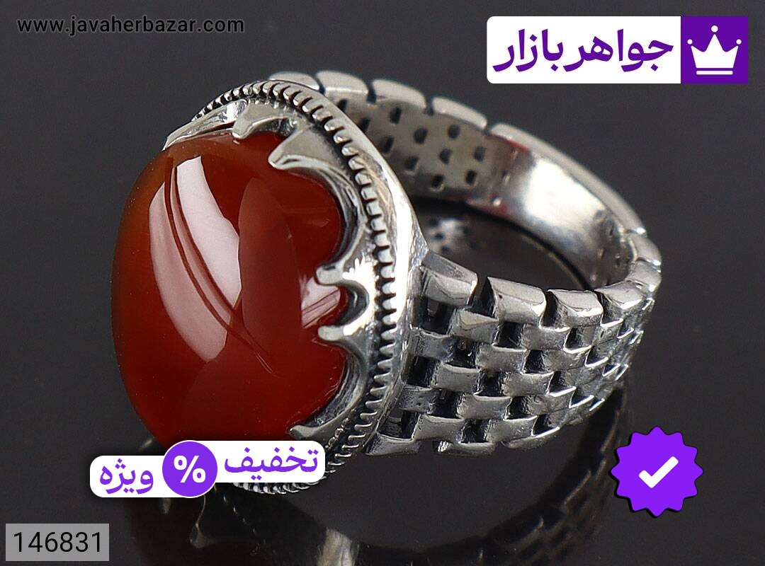 انگشتر نقره عقیق یمنی قرمز رکاب طرح رولکسی مردانه