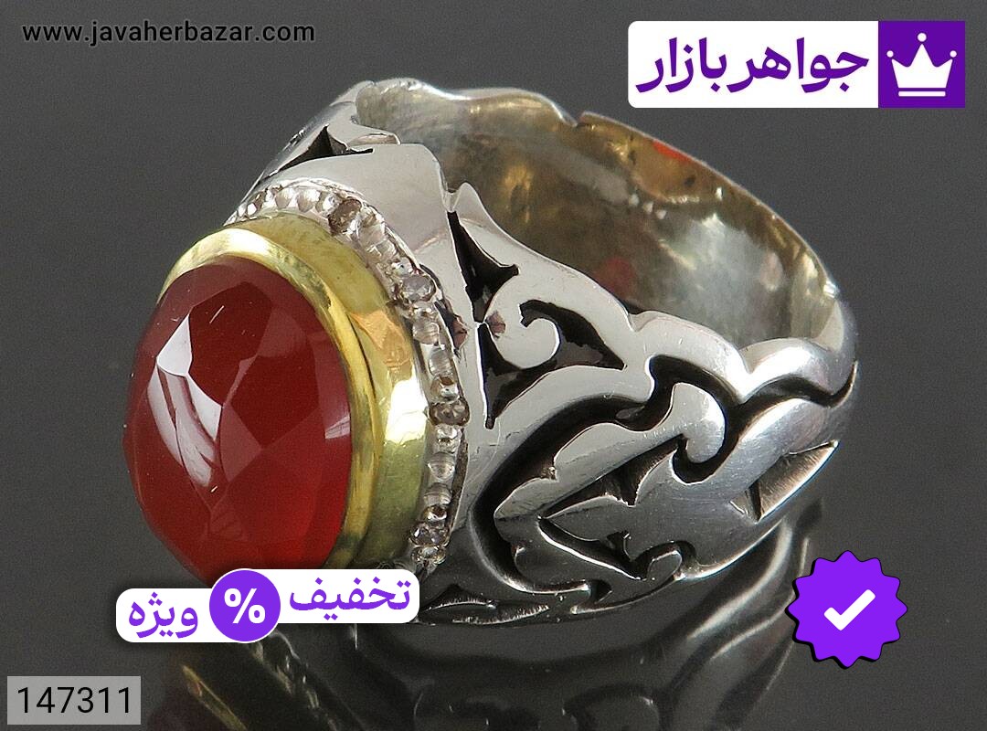 انگشتر نقره عقیق یمنی طرح سلطان مردانه دست ساز تاج برنجی با برلیان اصل