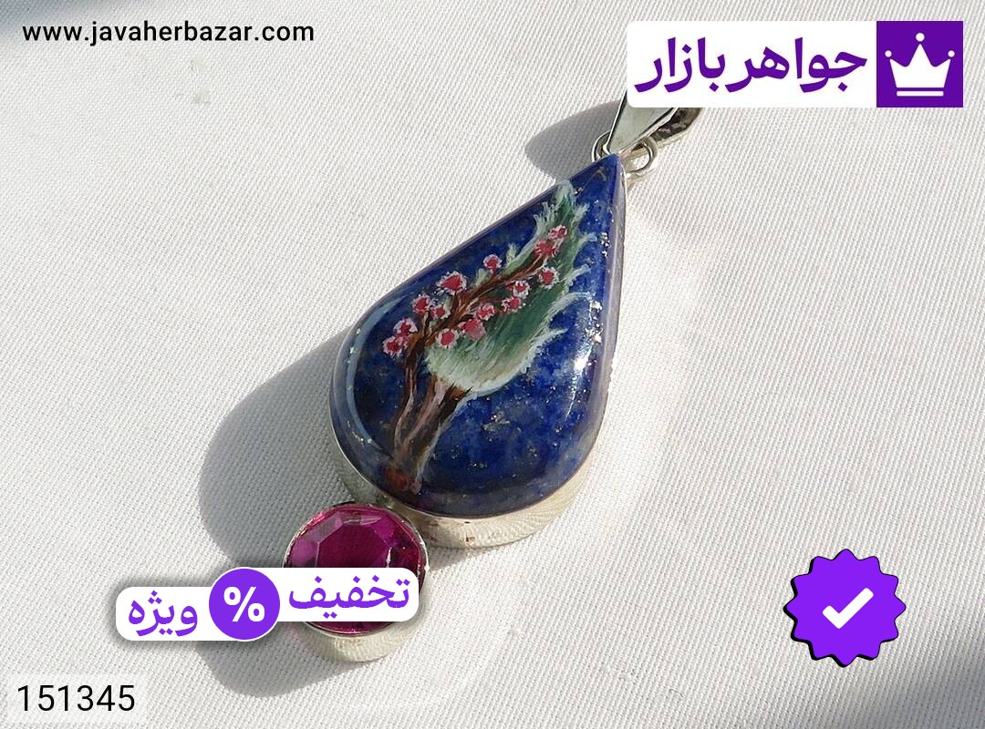 مدال لاجورد زنانه گردنبند نقره لاجورد نگارگری طرح درخت زنانه دست ساز