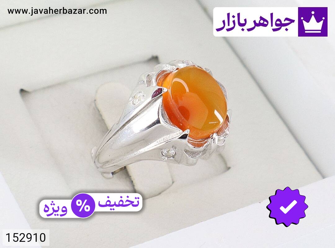 انگشتر نقره عقیق یمنی نارنجی بی نظیر مردانه دست ساز با برلیان اصل