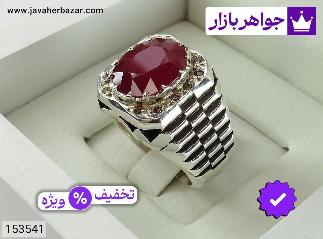انگشتر نقره یاقوت آفریقایی قرمز الماس تراش بی نظیر مردانه دست ساز با برلیان اصل