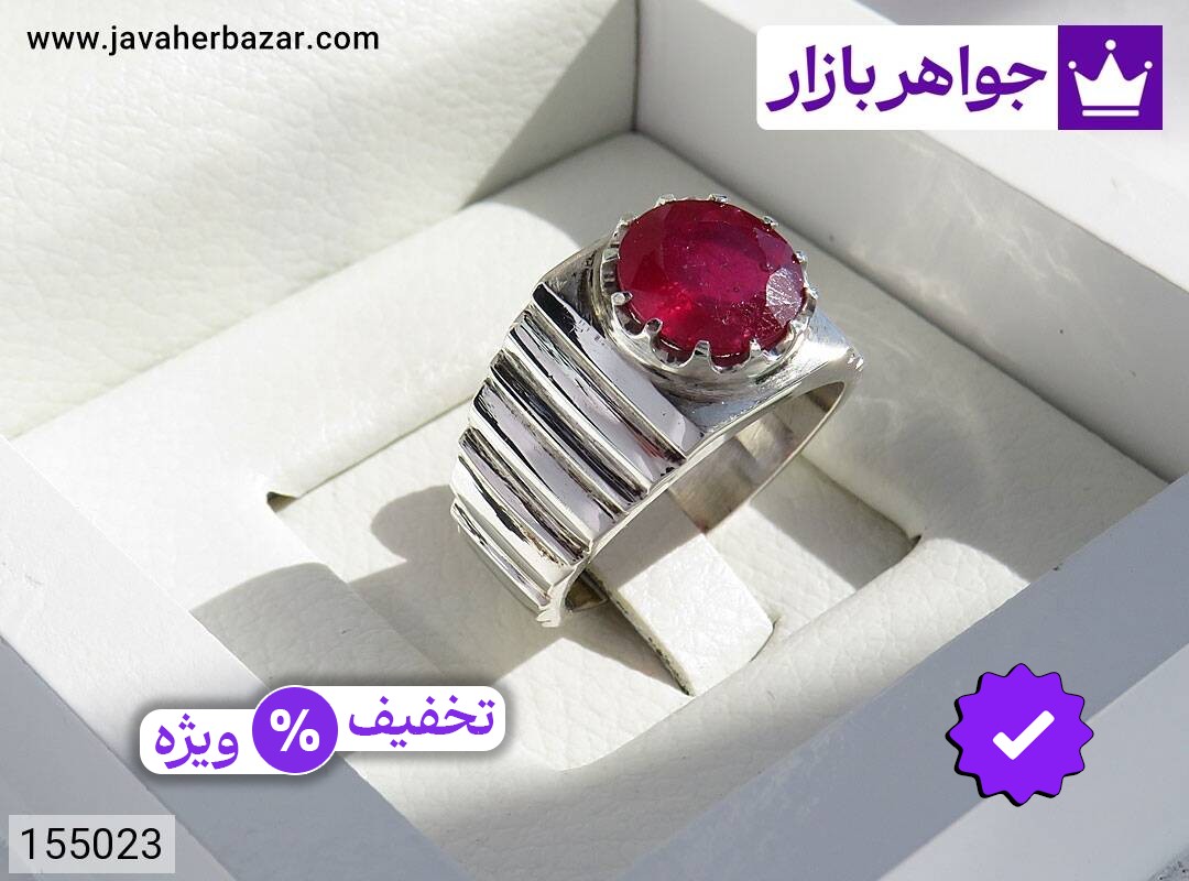 انگشتر نقره یاقوت آفریقایی قرمز الماس تراش مردانه دست ساز