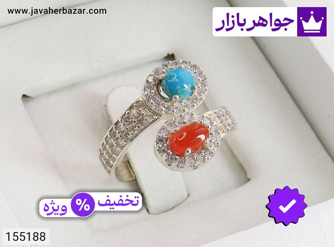 انگشتر نقره فیروزه نیشابوری و عقیق زیبا زنانه