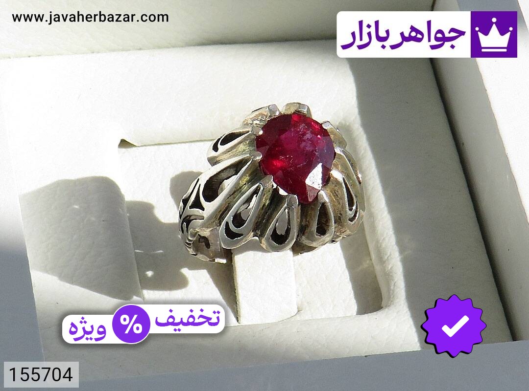 انگشتر نقره یاقوت آفریقایی قرمز چنگی اره کاری شده شبکه شیک مردانه دست ساز