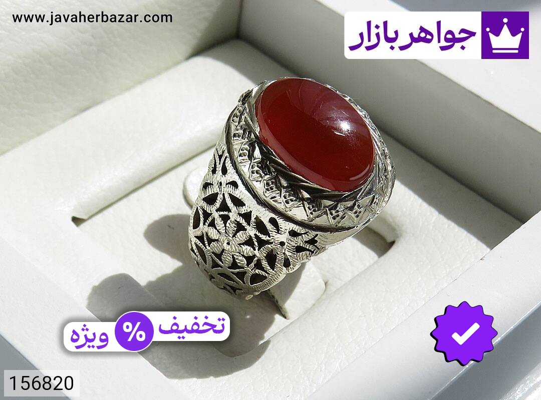 انگشتر نقره عقیق یمنی قرمز شبکه کاری بی نظیر مردانه دست ساز