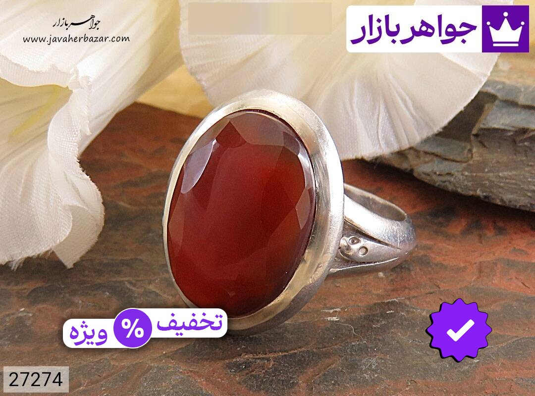 انگشتر نقره عقیق یمنی قرمز درشت شاهانه الماس تراش مردانه