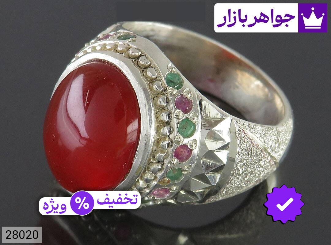 انگشتر نقره عقیق یمنی و یاقوت و زمرد خوش رنگ مرغوب مردانه دست ساز