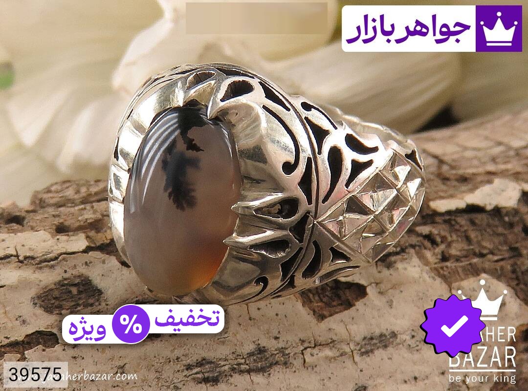 انگشتر نقره عقیق سیاه شجر خوش نقش مردانه دست ساز