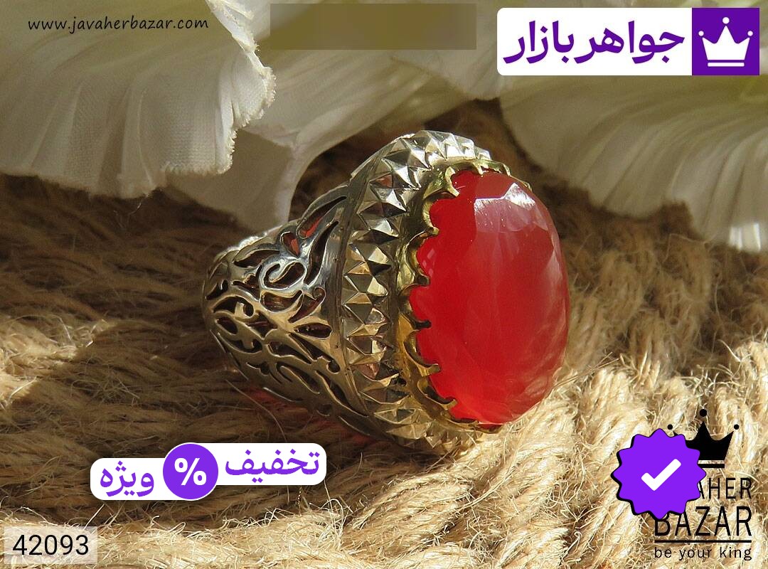 انگشتر نقره برنج عقیق یمنی قرمز الماس تراش مردانه دست ساز