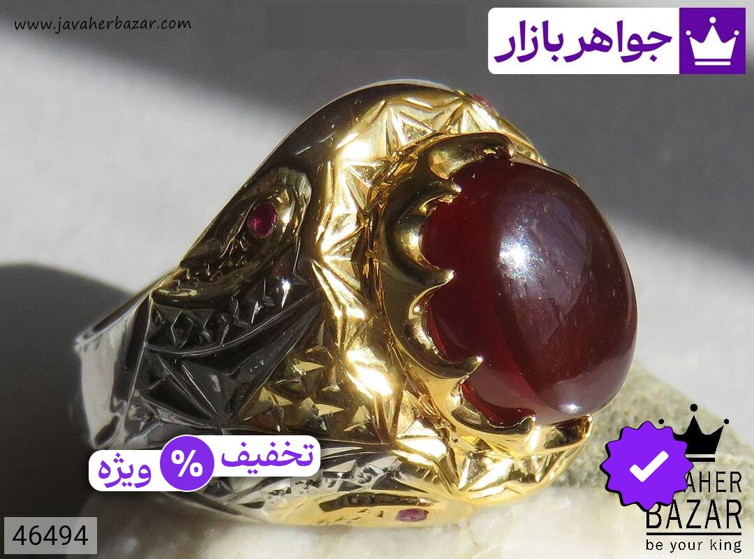 انگشتر نقره عقیق یمنی و یاقوت طرح اشرافی مردانه