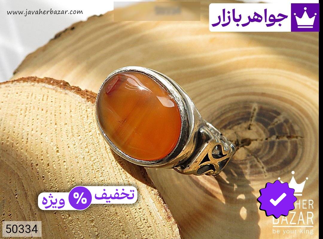 انگشتر نقره عقیق یمنی نارنجی طرح صفوی مردانه